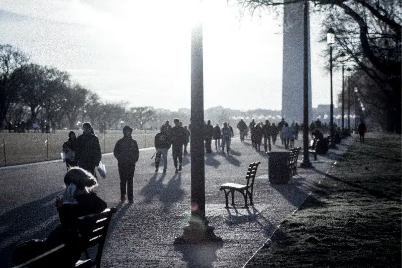 People walking in a park in the morning.