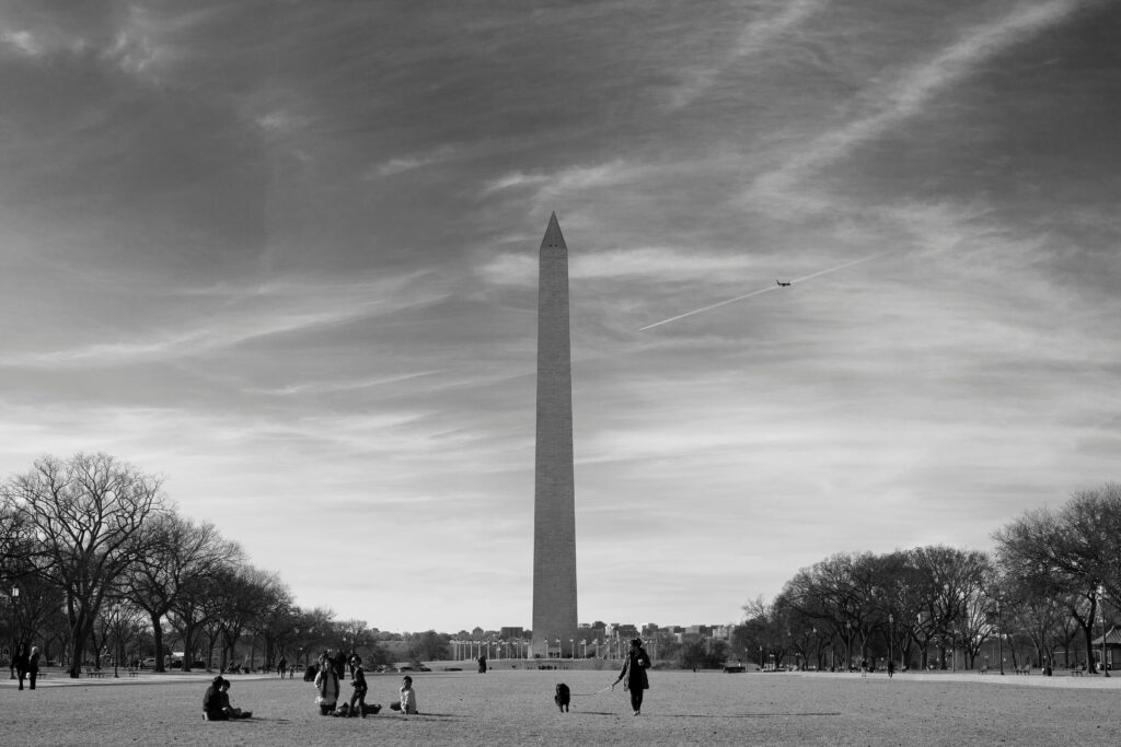 Washington Monument mit Menschen und Hund im Vordergrund