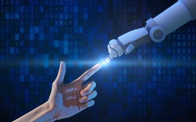 Roboterhand berührt menschliche Hand vor digitalem Hintergrund.